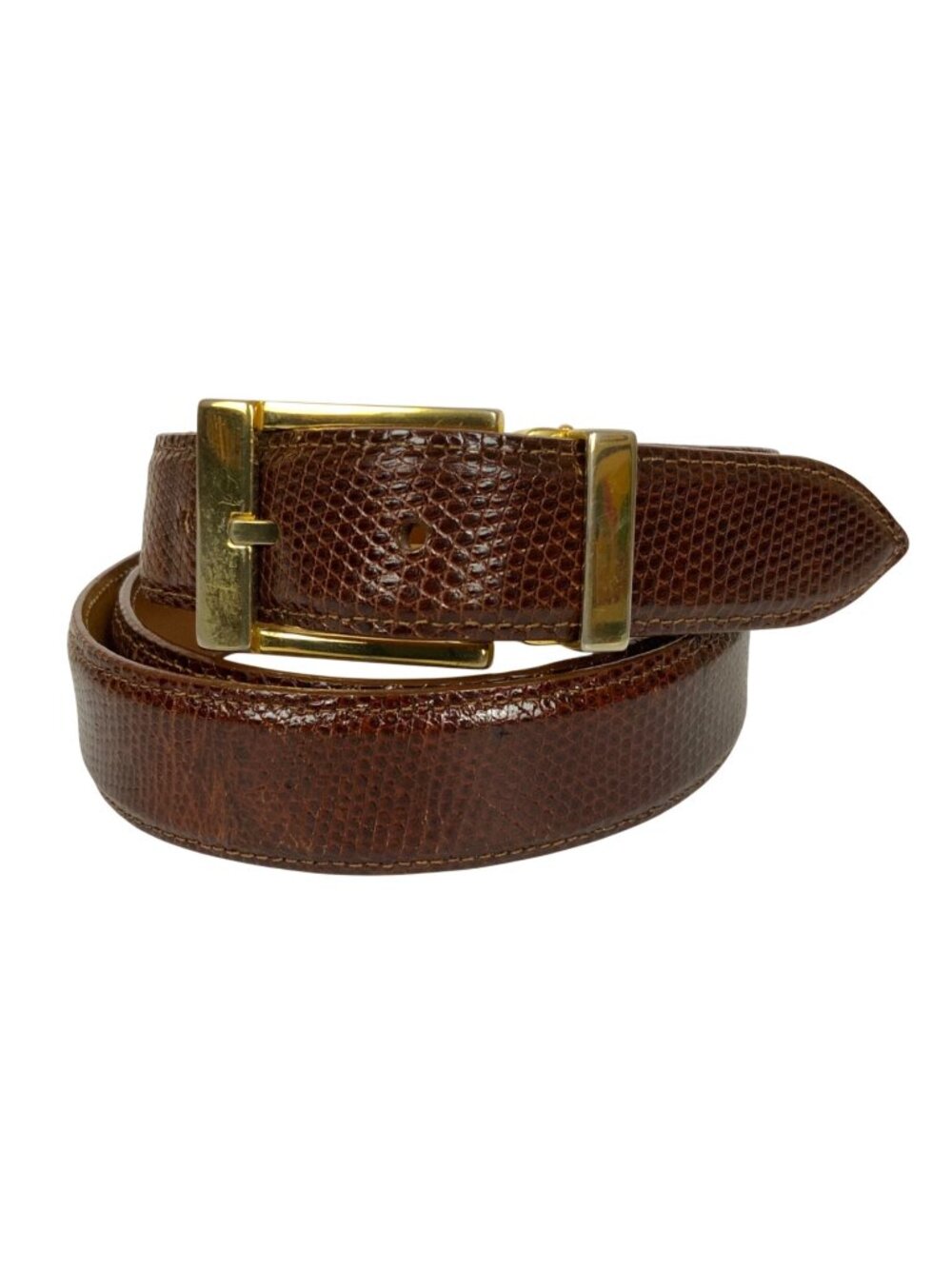 David Eden Mens Brown Lizard Skin Leather Belt Goldtone Buckle USA Made Size 42